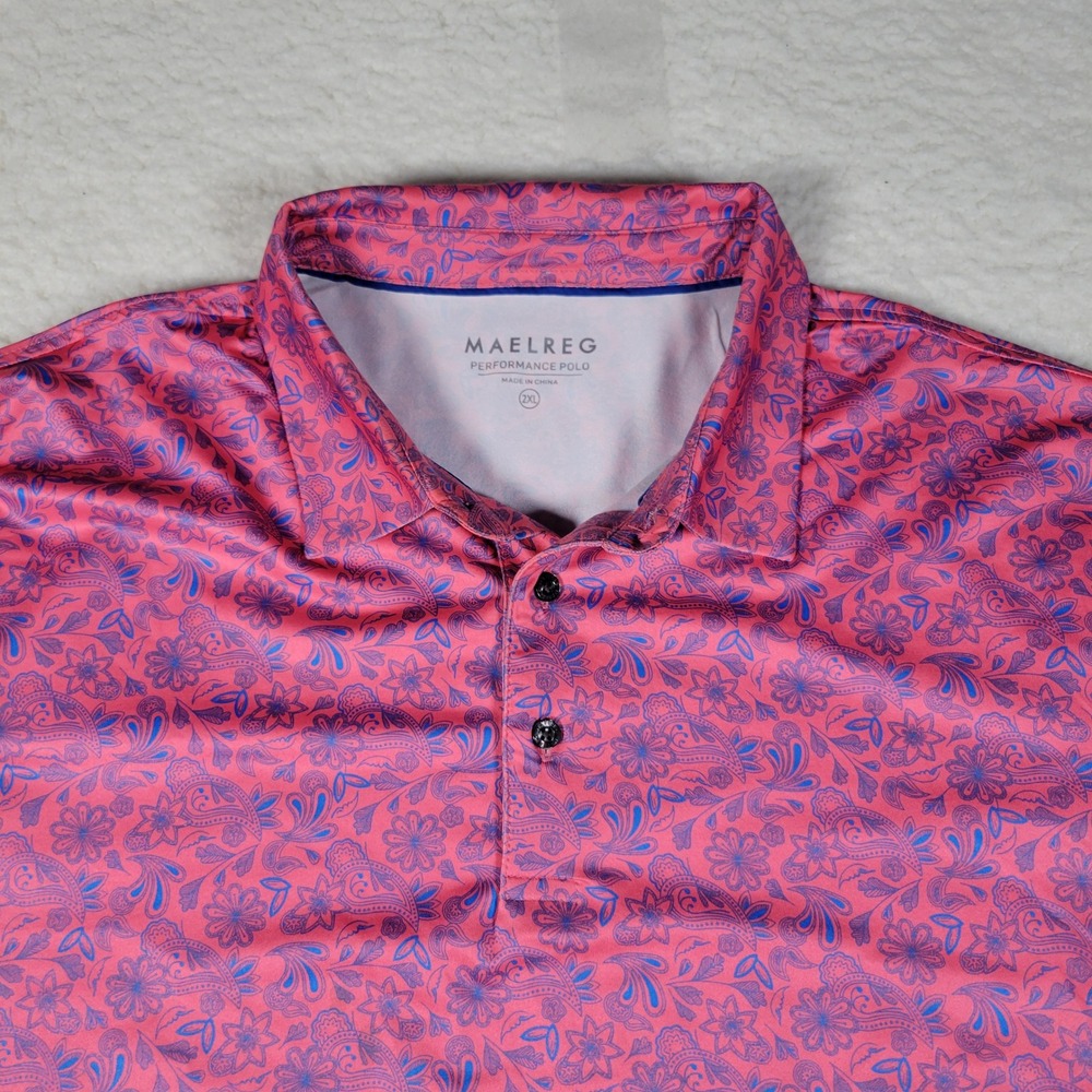 Maelreg Performance Polo Men 2XL Pink Blue Floral Paisley Stretch Golf Shirt